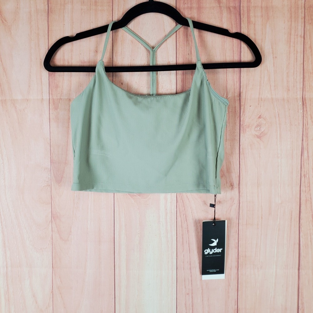 Glyder Pure Sports Cropped Bra Womens Medium Beige Scoop Neck Racerback Straps